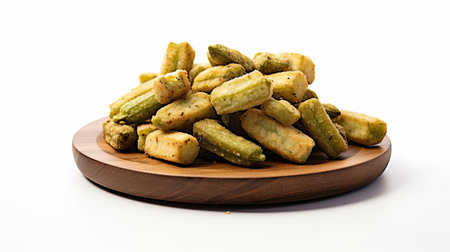 "crispy fried okra pods are artfully arranged on a rustic wooden board, set against a pristine white background, evoking a nostalgic cinematic feel reminiscent of 35 mm film photography, with a subtle 5-degree angle of view that adds depth to this still life composition.", ai generatedの素材