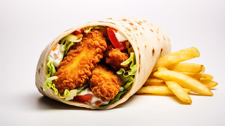 a mouthwatering chicken nugget wrap, perfectly placed on a pristine white background, sits atop a rustic wooden board, evoking a nostalgic cinematic feel reminiscent of a 35 mm film camera, with a subtle 5-degree angle of view that adds to its appetizing charm and retro aesthetic appeal. ai generatedの素材