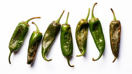 jalapenos, crispy and golden, sit atop a rustic wooden board, popping against a pristine white background, evoking a nostalgic cinematic feel reminiscent of 35mm film, with a subtle 5-degree angle of view that adds depth to this still life photography masterpiece. ai generatedの素材