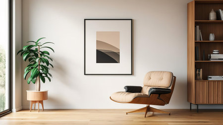 the box frame, crafted in a minimalist mid-century style, exudes understated elegance with its clean lines, simple silhouette, and subtle ornamentation, making it a perfect addition to any modern home decor, adding a touch of sophistication and refinement to any room's aesthetic. ai generatedの素材