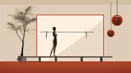 the fitness frame stands elegantly in a minimalist mid-century style room, surrounded by subtle natural light, with minimal decoration, showcasing a perfect blend of functionality and sleek design, ideal for a modern home gym or yoga studio, emphasizing a healthy lifestyle and wellness. ai generatedの素材