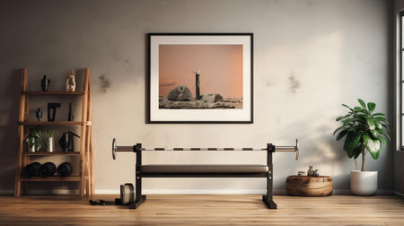 the fitness frame stands elegantly in a minimalist mid-century style room, its clean lines and simple design allowing it to blend seamlessly into the surrounding decor, with a subtle nod to retro charm, perfect for showcasing cherished memories in a modern and understated way, ideal for fitness enthusiasts and design lovers alike. ai generatedの素材