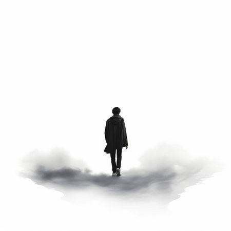 the wandering soul, a serene and introspective figure, stands in quiet contemplation, lost in thought, against a pristine white isolated background, evoking feelings of calmness and serenity, perfect for meditation and mindfulness enthusiasts, or as a symbol of inner peace and spiritual growth. ai generatedの素材
