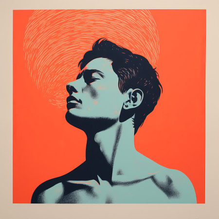 the minimalist screenprint illustration of a male figure, rendered in bold lines and vibrant colors, is a stunning example of risograph print art, showcasing the beauty of simplified forms and textures, perfect for art enthusiasts and design lovers alike. ai generatedの素材