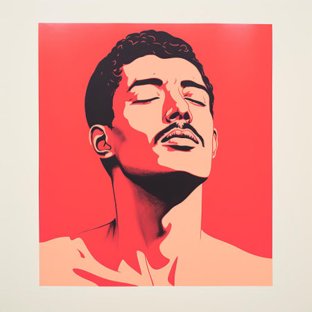 the minimalist screenprint illustration of a male figure, created using a risograph print technique, showcases a striking blend of bold lines, vibrant colors, and subtle textures, evoking a sense of modernity and sophistication in this unique piece of contemporary art, perfect for fans of graphic design and printmaking. ai generatedの素材