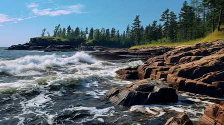 the rocky shore of hestiasula head in ghana's stunning archipelago is captured in this breathtaking seascape, where pine trees stand tall near a rustic marketing house, reminiscent of northern finland's rugged landscape. ai generatedの素材