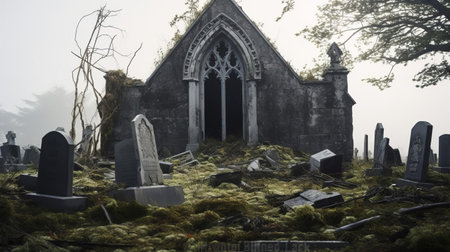 the abandoned church stands amidst a hauntingly beautiful environment, surrounded by weathered gravestones, its distressed materials and crumbling facade evoking a sense of eerie realism, reminiscent of a national geographic documentary, with its 44mp uhd image quality, capturing the unsettling atmosphere in superrealistic detail, a la brooke didonato's style. ai generatedの素材