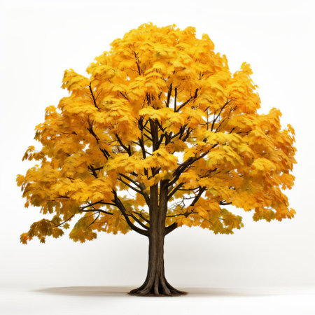 a majestic maple tree stands alone against a pristine white background, its vibrant green leaves and intricate branch structure showcased in stunning detail, highlighting the beauty of nature in this section view of a full, single maple tree. ai generatedの素材