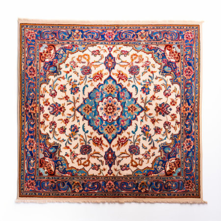 the persian handmade carpet, adorned with intricate patterns and vibrant colors, lies elegantly on a white isolated background, showcasing its exquisite craftsmanship and luxurious appeal, perfect for adding a touch of sophistication to any room's decor, blending traditional iranian art with modern interior design. ai generatedの素材