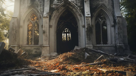 the abandoned church stands amidst a serene yet hauntingly beautiful environment, surrounded by weathered gravestones, its distressed materials and crumbling facade evoking a sense of eerie realism, reminiscent of a national geographic documentary, captured in stunning 44mp uhd image quality, echoing the unsettling imagery style of brooke didonato. ai generatedの素材