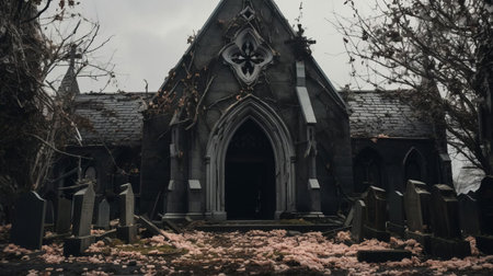 the abandoned church stands eerily amidst a serene yet hauntingly beautiful environment, surrounded by weathered gravestones, evoking a sense of nostalgia and mystery, captured in stunning 44mp uhd image quality, reminiscent of a national geographic documentary, with superrealistic details and distressed materials that echo the unsettling imagery of brooke didonato's style. ai generatedの素材