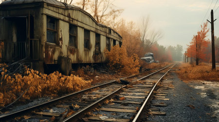 the abandoned train station stands eerily still, surrounded by a hauntingly beautiful environment, evoking a sense of mystery and unease, as if plucked straight from a national geographic documentary, with its 44mp uhd image quality, showcasing superrealistic details of distressed materials, reminiscent of brooke didonato's unsettling imagery. ai generatedの素材