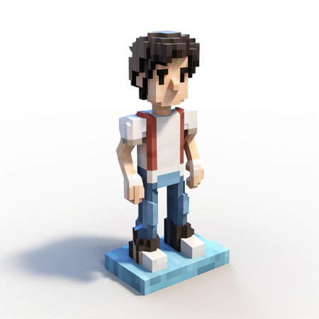 james, the beloved character, is showcased in a vibrant 3d 8-bit pixel cartoon, standing tall in a full-body pose as a grown adult against a crisp white background, evoking a sense of nostalgia and retro gaming charm. ai generatedの素材