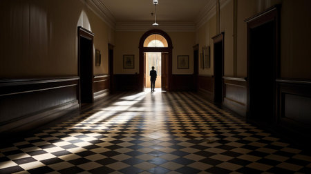 australia's eerie atmosphere is palpable in this haunting image, where a mysterious public figure lurks in the shadows at the end of a dimly lit hall, exuding an air of secrecy and intrigue, evoking feelings of unease and curiosity, reminiscent of a thriller movie scene. ai generatedの素材