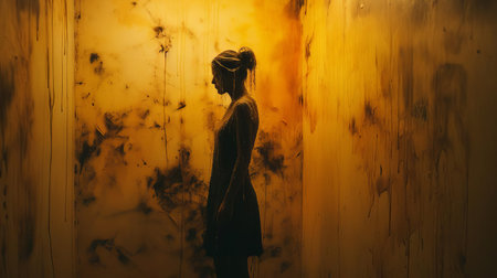 stephen stands statuesque in a dimly lit room, his silhouette a striking focal point amidst the warm, amber-hued tones that evoke the abstract expressionist emotion of laura makabresku's style, reminiscent of medardo rosso's intense close-ups, captured with the rollei prego 90's precision, evoking jessica drossin's moody atmosphere. ai generatedの素材