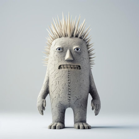 this intricately designed monster figurine, reminiscent of evgeni gordiets and clemens ascher's inventive character designs, boasts spiky mounds and concrete-like textures, showcasing a unique blend of styles inspired by didier lourenco's artistic vision, captured in a close-up shot on a crisp white isolated background, highlighting its full body details. ai generatedの素材