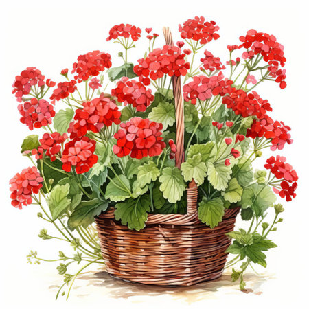 the beautiful red verbena bouquet, delicately arranged in a charming wicker basket, pops against a pristine white background, showcasing its intricate details and self-shadow in a stunning watercolor style, with high detail and hdr quality, making it a truly unique and hand-painted masterpiece. ai generatedの素材