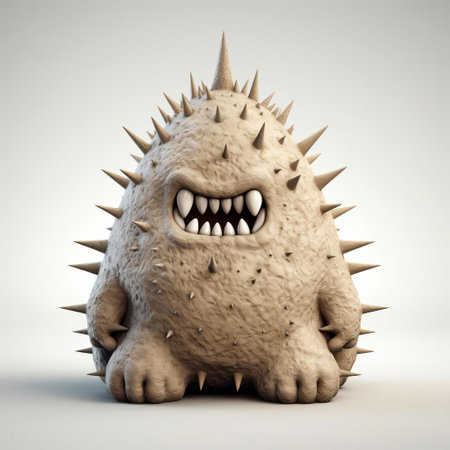 the monster figurine, reminiscent of evgeni gordiets' and clemens ascher's inventive character designs, stands proudly on a white isolated background, showcasing its intricately detailed, spiky mounds and concrete-inspired texture, inviting a close-up exploration of its full body, a true marvel of modern sculpture. ai generatedの素材