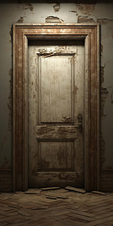 an old, damaged door stands tall, its weathered surface telling a story of time and neglect, with a realistic straight front view that showcases the intricate details of its worn wooden planks, rusty hinges, and lead-filled panels, evoking a sense of nostalgia and forgotten history. ai generatedの素材