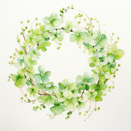 this delicate begonia wreath, crafted with intricate pointillism watercolor line art, takes center stage against a crisp white backdrop, its soft green hues evoking a sense of serenity and elegance, perfect for nature-inspired home decor, botanical art, and minimalist design enthusiasts. ai generatedの素材