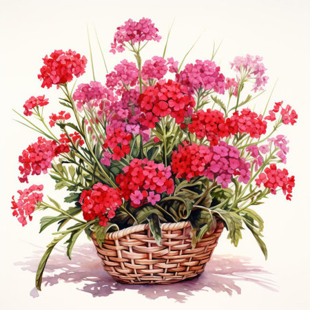the vibrant red verbena bouquet, delicately arranged in a charming basket, pops against a crisp white background, showcasing its intricate details and unique textures in this stunning watercolor-inspired, high-definition, and self-shadowed image, perfect for adding a touch of elegance to any space. ai generatedの素材