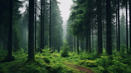 the european forest, shrouded in mystery, stands tall with its majestic deciduous trees and firs, their leafy canopies a vibrant green, glistening with raindrops on a drizzly day, as the misty atmosphere veils the forest floor, evoking a sense of enchantment and wonder. ai generatedの素材