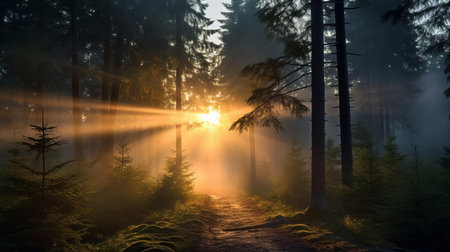 the star shines brightly in the morning sky, casting a mystical glow over the boreal forest, where misty veils swirl around towering trees, as the sun's gentle rays peek through the fog, creating an otherworldly ambiance, while a state-of-the-art machine learning aircraft soars gracefully in the distance, its powerful beam illuminating the forest floor. ai generatedの素材