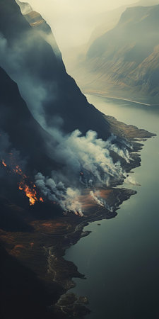 the majestic delta, surrounded by the serene fjord and shrouded in a mystical smoke, is captured in this stunning high-definition wide shot, showcasing the breathtaking beauty of nature's wonders, with the misty atmosphere adding an air of mystery to this awe-inspiring landscape photography. ai generatedの素材