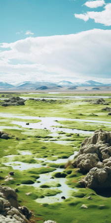 the ordos landscape unfolds with a mesmerizing fusion of nordic elements, featuring a vast expanse of green sand, a tranquil oasis, and snow-capped mountains rising majestically in the background, while a small hill occupies the foreground. ai generatedの素材