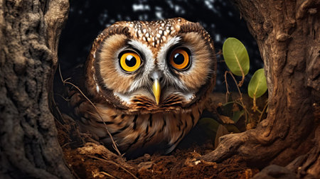 the burrowing owl, with its striking yellow eyes and spotted feathers, perches majestically on a desert cactus, its wise gaze captivating the viewer in this stunning photo realistic image, highlighting the unique characteristics of these fascinating birds of prey that inhabit the arid landscapes of north america. ai generatedの素材