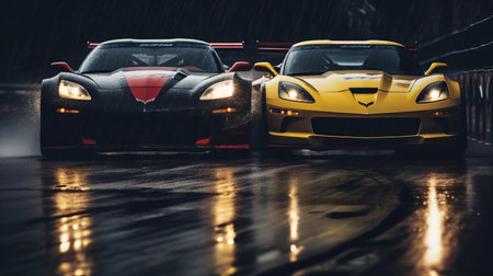 two sleek chevrolet corvette z06s from 1990 speed alongside each other on a slightly wet track, their drivers intensely focused on the competition, sparks flying underneath as they jostle for position, capturing the raw energy of hard racing, with cinematic reflections on the car's surface, shot on grainy medium format kodak portra 800 film using an smc takumar 105mm f/2.8 lens. ai generatedの素材