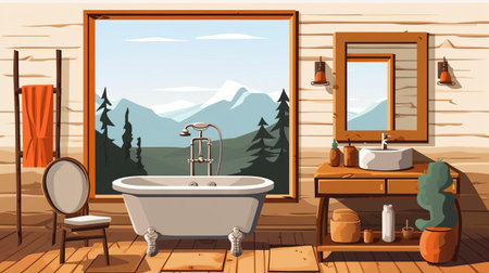 the cabin bathroom, nestled among towering trees and lush greenery, exudes rustic charm with its wooden accents and natural stone sink, perfectly blending into the serene western wilderness, evoking feelings of tranquility and relaxation, ideal for a cozy mountain retreat or secluded forest getaway. ai generatedの素材