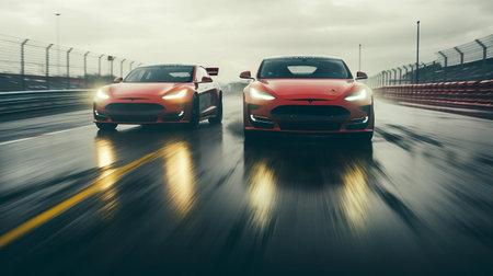 two tesla model s plaid cars from the 1990s speed alongside each other on a slightly wet track, drivers intensely gazing at each other as sparks fly underneath, captured in a cinematic shot with a grainy, nostalgic aesthetic on medium format kodak portra 800 film through an smc takumar 105mm f/2.8 lens. ai generatedの素材
