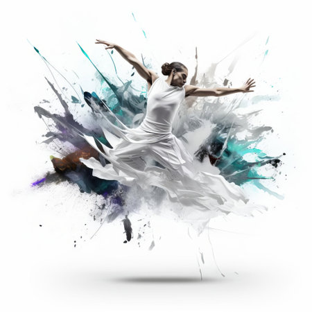 the dancer's elegant pose and dynamic movement are beautifully captured in this stunning dance design on a crisp white background, showcasing the art of contemporary dance, ballet, and modern choreography, perfect for dance enthusiasts, studios, and performance art lovers. ai generatedの素材