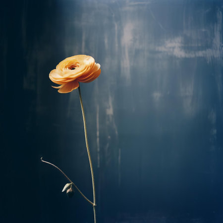 the ranunculus stands out against a dark blue wall, its delicate petals and intricate details softly illuminated by the warm, natural evening light, capturing the essence of a serene moment in this dreamy, analog photograph with a beautiful film grain texture. ai generatedの素材