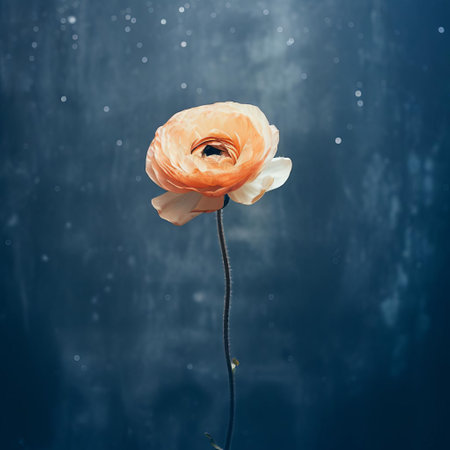 the ranunculus stands alone in a dreamy, analog photograph, its delicate petals and tender stem softly illuminated by the warm, natural evening light, set against a dark blue wall, with a nostalgic film grain that evokes a sense of vintage charm and timeless beauty. ai generatedの素材