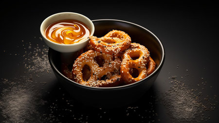 soft pretzels, freshly baked and twisted into perfect knots, sit atop a bed of crispy fries in a dark grey bowl, accompanied by a refreshing glass of soda, all set against a clean and minimalist flat blank white background, evoking a sense of casual comfort food and satisfying snack time. ai generatedの素材