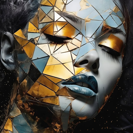 body art by mario sorrenti showcases a mesmerizing fusion of contrasting geometries, mixed media art, and distressed color photocopy, culminating in a polished metamorphosis that radiates an otherworldly glow, thanks to the incorporation of a citrine pearlescent effect that adds an air of mystique to this avant-garde masterpiece. ai generatedの素材