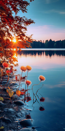 lake scenery unfolds with a tranquil atmosphere, surrounded by vibrant dandelion leaves in shades of red, orange, and yellow, mirrored in the still lake waters, evoking a sense of peaceful solitude, perfect for a high-resolution 16k phone wallpaper with warm colors and dynamic lighting. ai generatedの素材