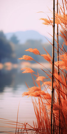 lake papyrus, a tranquil oasis, is surrounded by a kaleidoscope of vibrant leaves in shades of red, orange, and yellow, mirroring the serene stillness of the water's surface, evoking a sense of peaceful solitude, perfect as a high-resolution 16k phone wallpaper with warm colors and dynamic lighting. ai generatedの素材