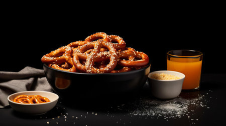 soft pretzels overflowing from a dark grey bowl on a clean white background, accompanied by crispy golden fries and a refreshing glass of soda, creating a satisfying snack or meal perfect for movie nights, casual gatherings, or sporting events, evoking feelings of comfort food and nostalgia. ai generatedの素材