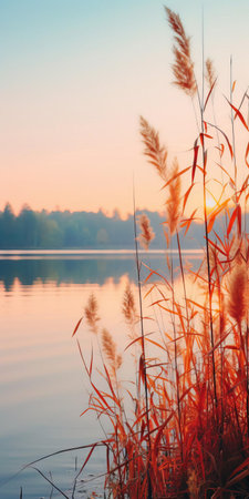 lake papyrus, a tranquil haven, is surrounded by a kaleidoscope of vibrant leaves in shades of red, orange, and yellow, mirroring the serene stillness of the water's surface, evoking a sense of peaceful solitude, perfect for a high-resolution 16k phone wallpaper. ai generatedの素材