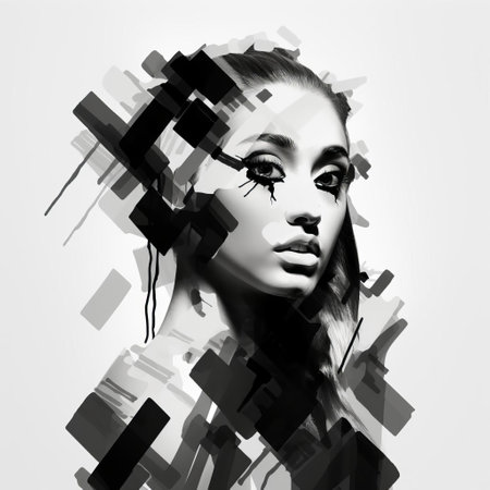 "ariana grande-inspired monochrome abstract art photography showcases a unique blend of physical education and computer technology, featuring geometric and vintage elements, created with a rough ink brush, resulting in a creative and random visual representation that challenges conventional art forms.", ai generatedの素材