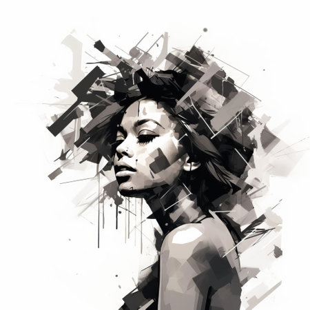 rihanna-inspired monochrome abstract art delves into the realm of computer science technology, showcasing a unique blend of geometrical and vintage elements, crafted with a creative and random touch using a rough ink brush, resulting in a thought-provoking visual representation of innovation. ai generatedの素材