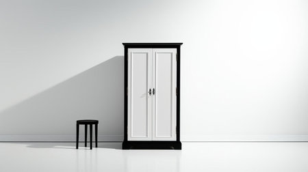 this sleek chifforobe stands elegantly on a plain white background, surrounded by a minimalist white floor, accentuated by moody shadows that add a touch of sophistication, perfect for modern interior design inspiration, captured in high-resolution with a photo dimension of 1920x1080 pixels. ai generatedの素材