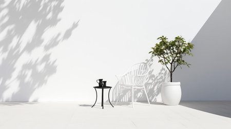 this sleek garden furniture arrangement sits elegantly on a plain white background, complemented by a matching white floor, with moody shadows adding depth to the modern design, perfect for home decor inspiration, outdoor living, or patio design ideas, with a high-resolution photo dimension of 1920x1080 pixels. ai generatedの素材