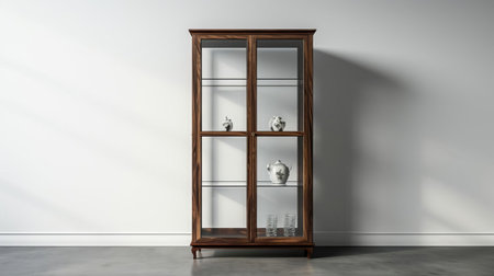 the curio cabinet, with its sleek modern design, stands elegantly on a plain white floor, surrounded by moody shadows that accentuate its sophisticated features, perfect for adding a touch of contemporary style to any room, in high-resolution 1920x1080 pixels. ai generatedの素材