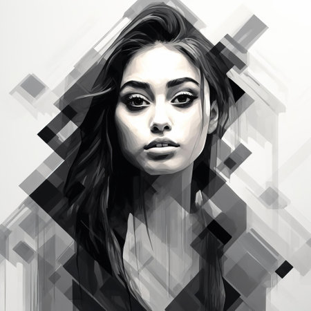 ariana grande-inspired monochrome abstract art photography fusion explores the unconventional intersection of physical education and computer technology, featuring a unique blend of geometrical and vintage elements, brought to life by creative, random brushstrokes of rough ink, evoking a sense of innovative artistic expression. ai generatedの素材