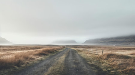 icelandic pasture stretches towards the horizon, bisected by a narrow black asphalt path that disappears into the thick white fog, creating an ethereal atmosphere, captured in stunning 4k resolution using a 35mm lens and raw format, showcasing the mystique of this nordic landscape. ai generatedの素材