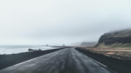 the icelandic sea stretches majestically towards the invisible horizon, with a small black asphalt path winding its way through the misty veil, creating a sense of mystery and solitude, captured in stunning 4k resolution using a 35mm lens and raw image format, showcasing the rugged beauty of iceland's coastline. ai generatedの素材